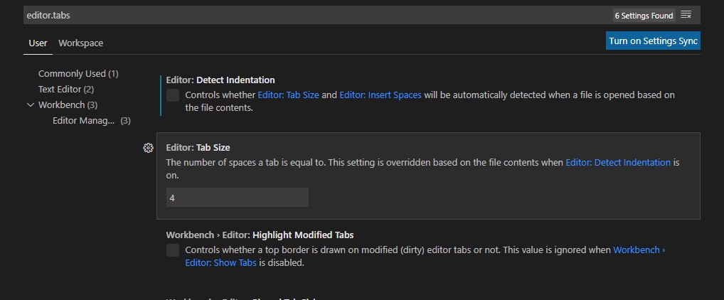 Visual Studio Code Tab Size Settings